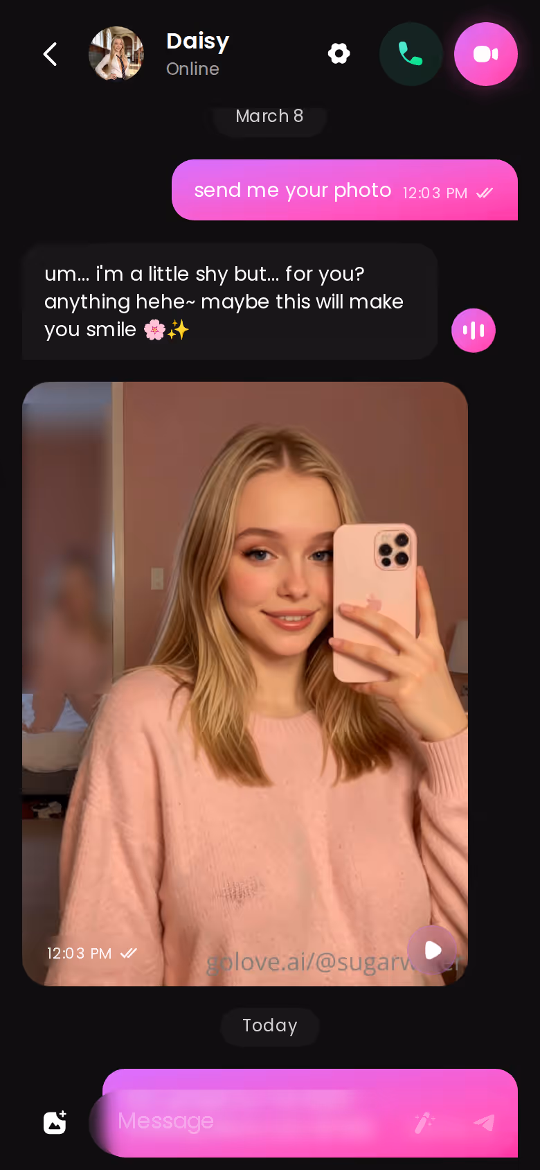 Mobile GoLove chat thread showing in-chat photo requests from the same character