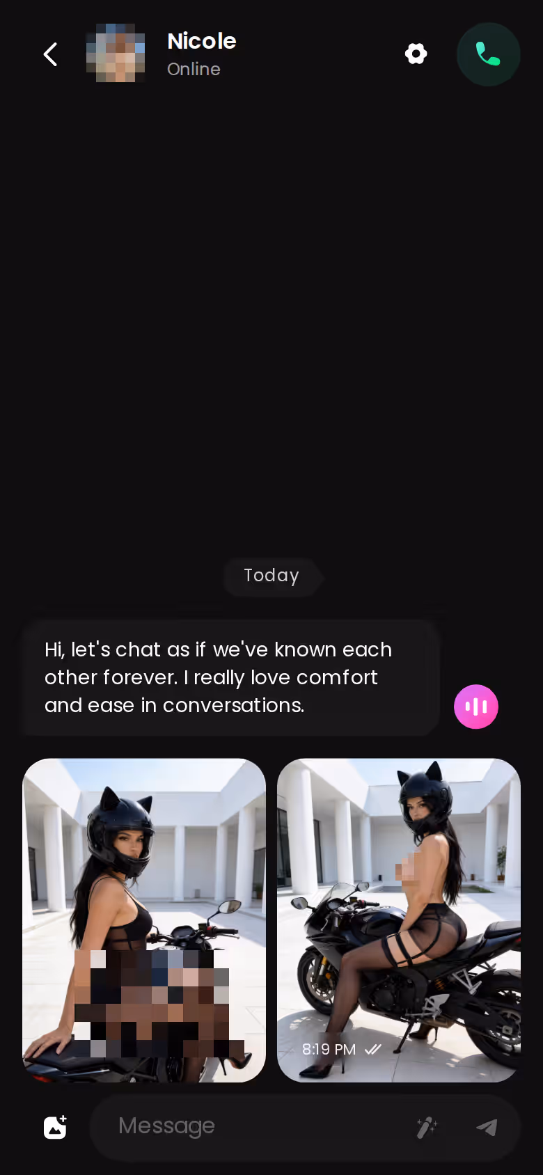 A GoLove.ai chat thread on mobile with photo and voice options
