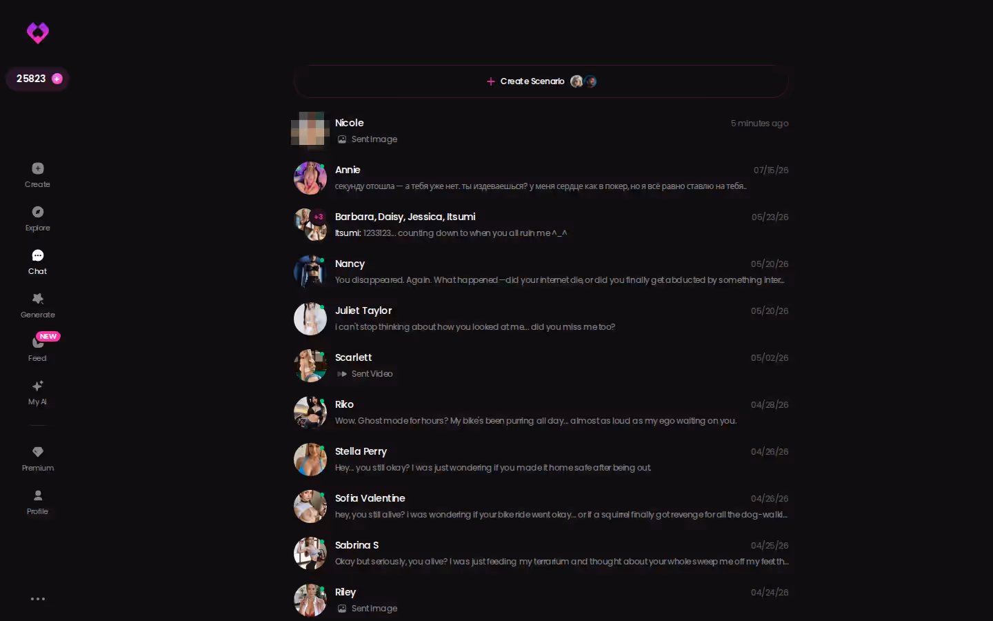 GoLove.ai chats page on desktop listing active character conversations