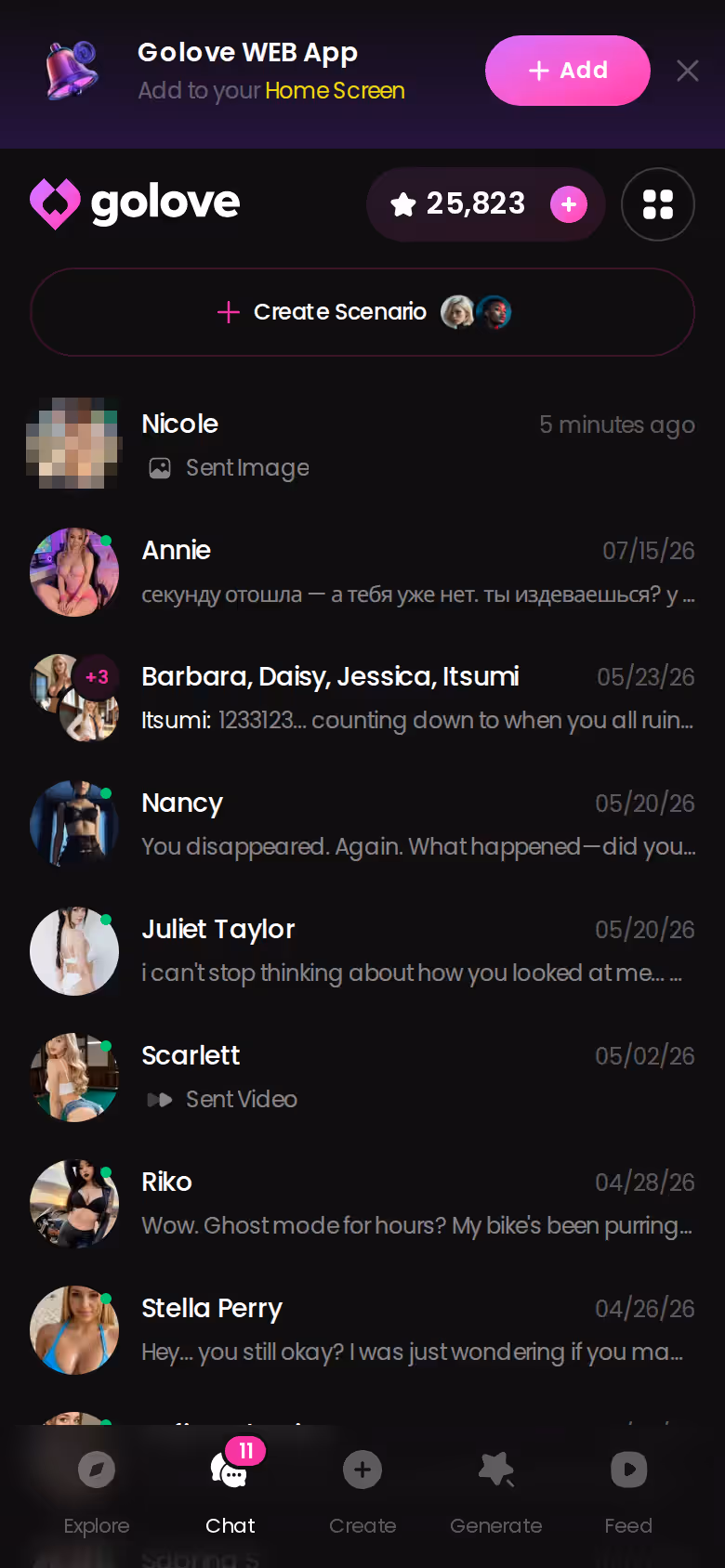 GoLove chats list on mobile with the whole roster and last-message previews