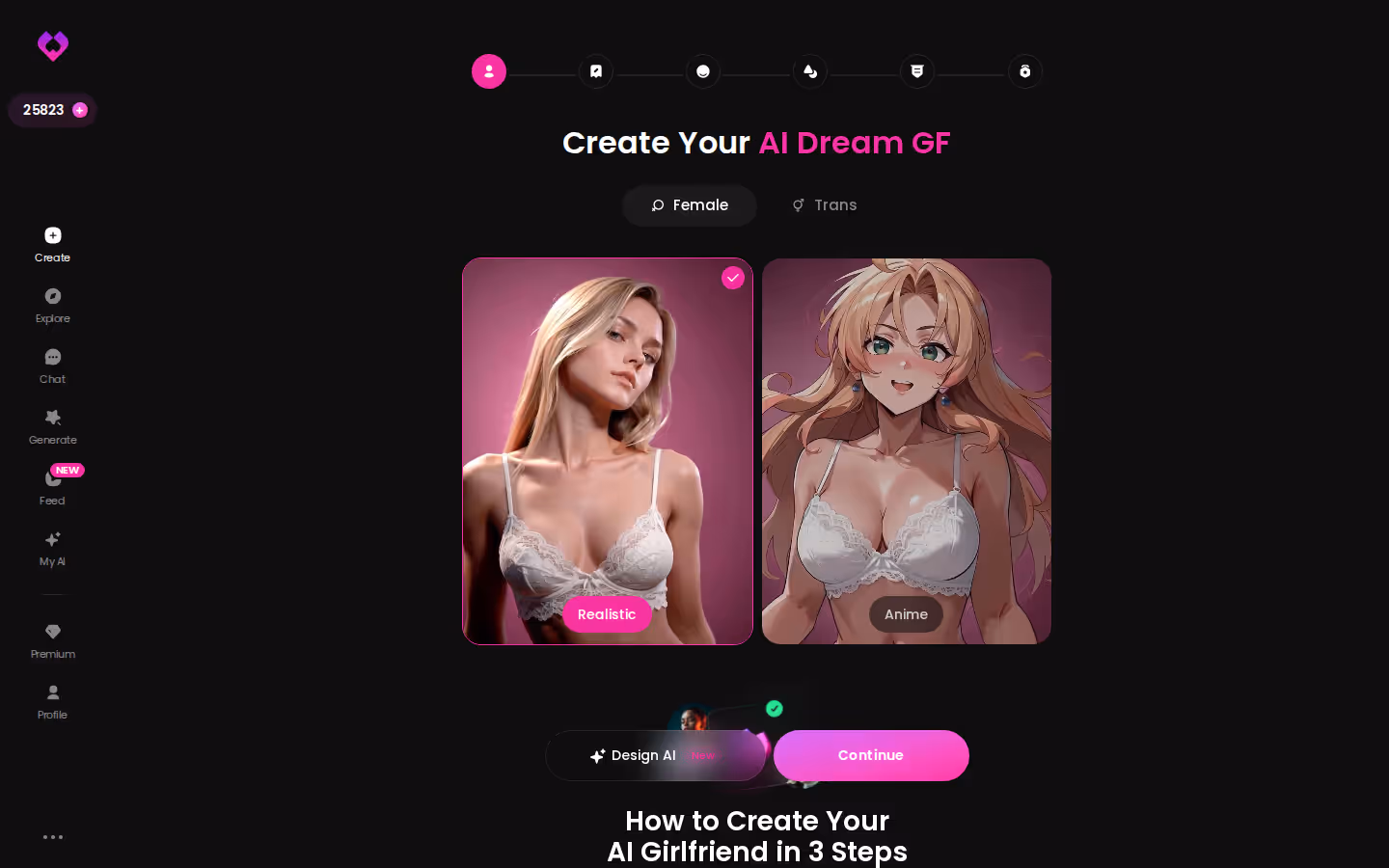 GoLove Create wizard start screen with Female and Trans, Realistic and Anime options plus Design with AI