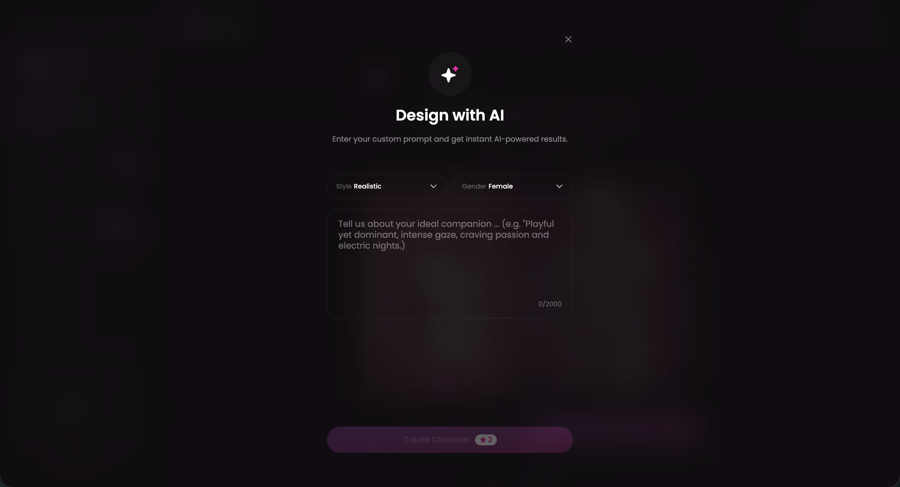 GoLove Design with AI screen where a written description becomes a character
