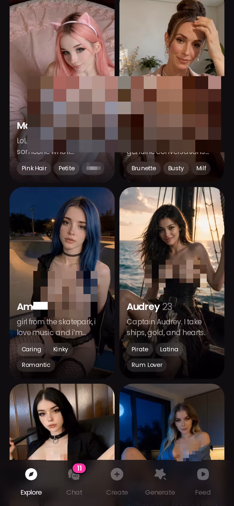 GoLove mobile Explore screen with a grid of realistic AI characters, each one tap away from a chat