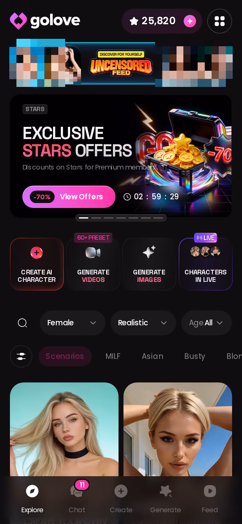 GoLove.ai Explore screen on mobile showing realistic AI characters