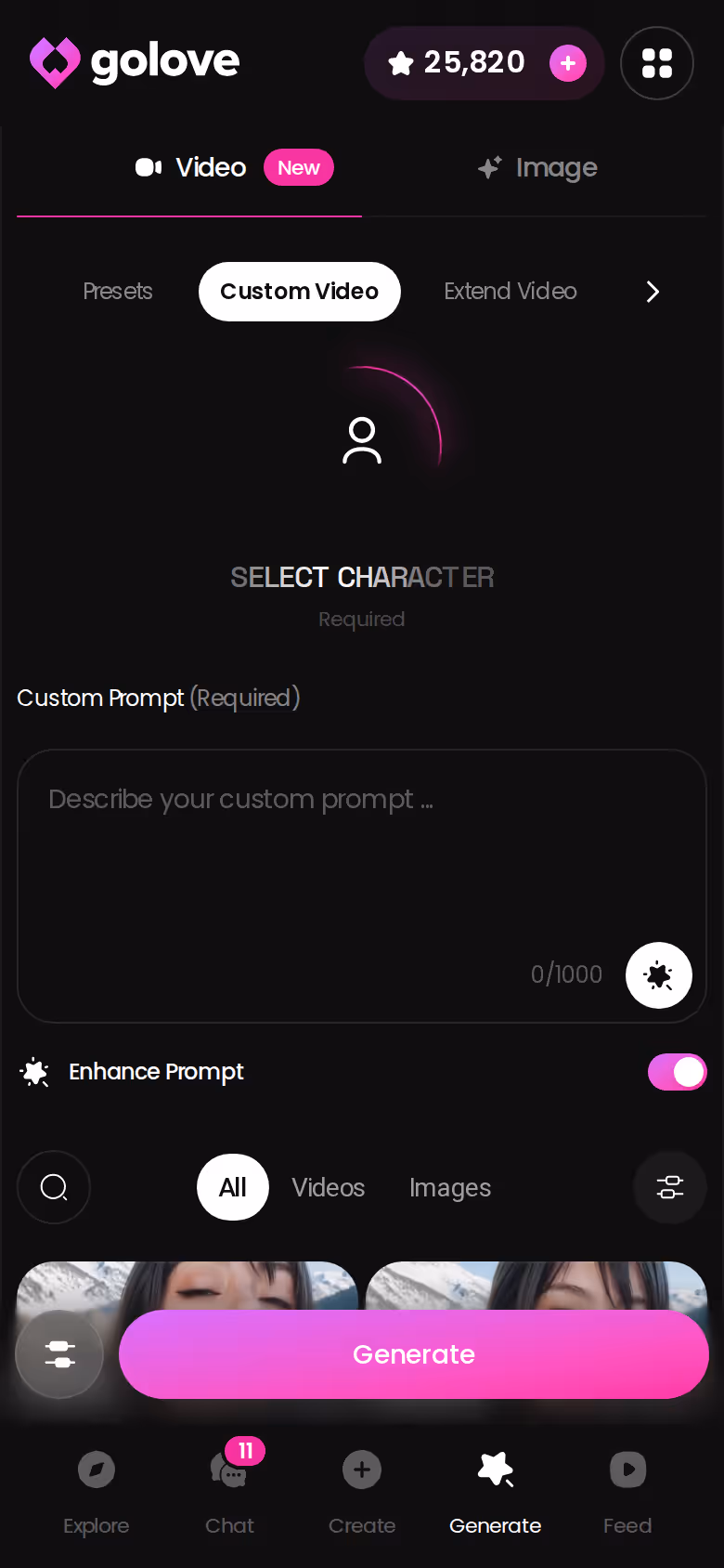 GoLove.ai custom video generator on mobile with preset cards