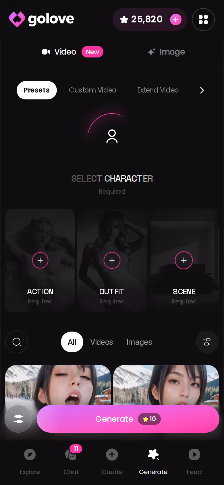Mobile GoLove.ai Generate page with mode tabs — kindroid review after three months