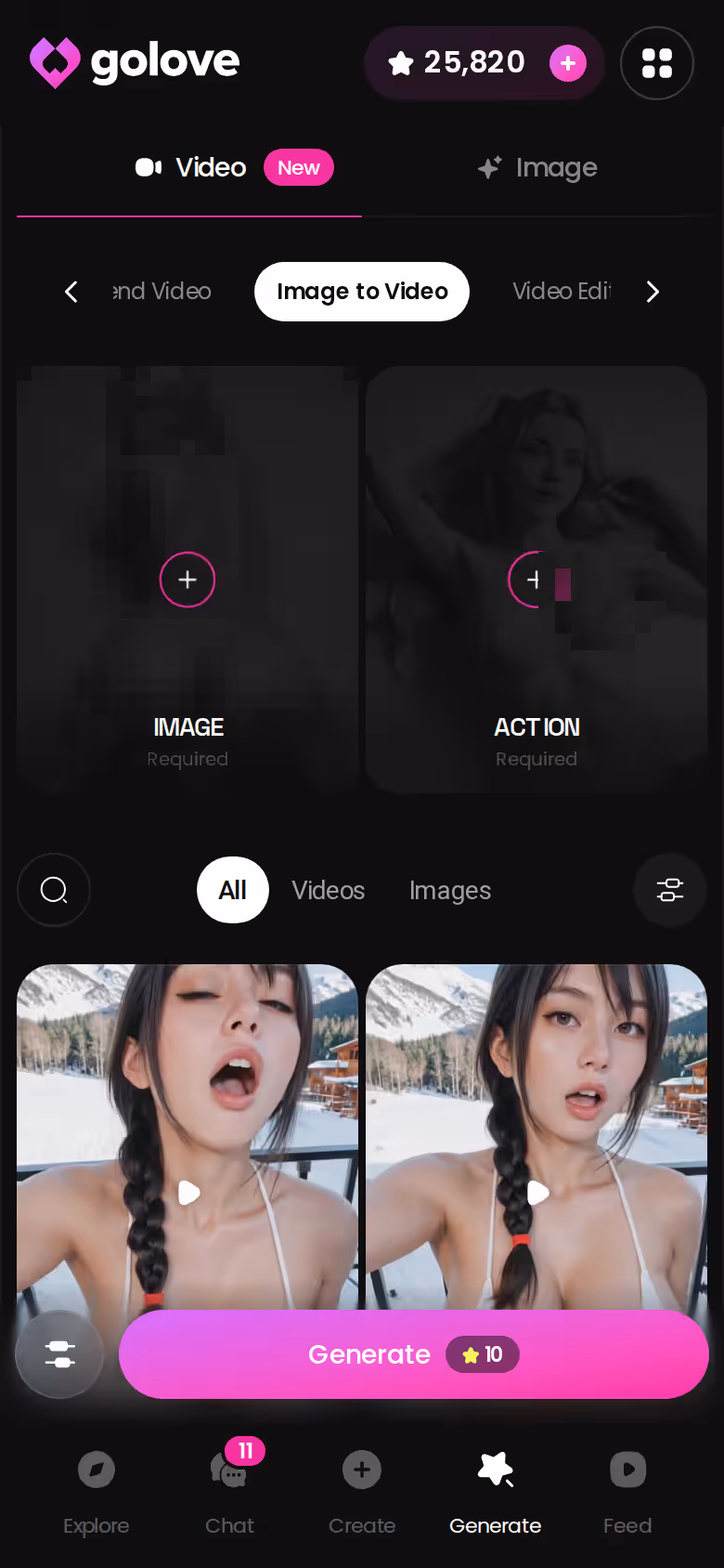 GoLove.ai Image to Video mode on mobile turning a character photo into a short clip