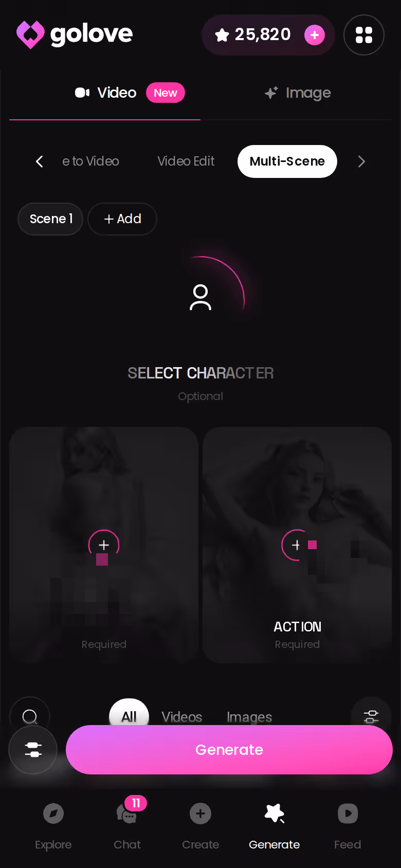GoLove Multi Scene generator on mobile for building a multi-moment clip of a cast member