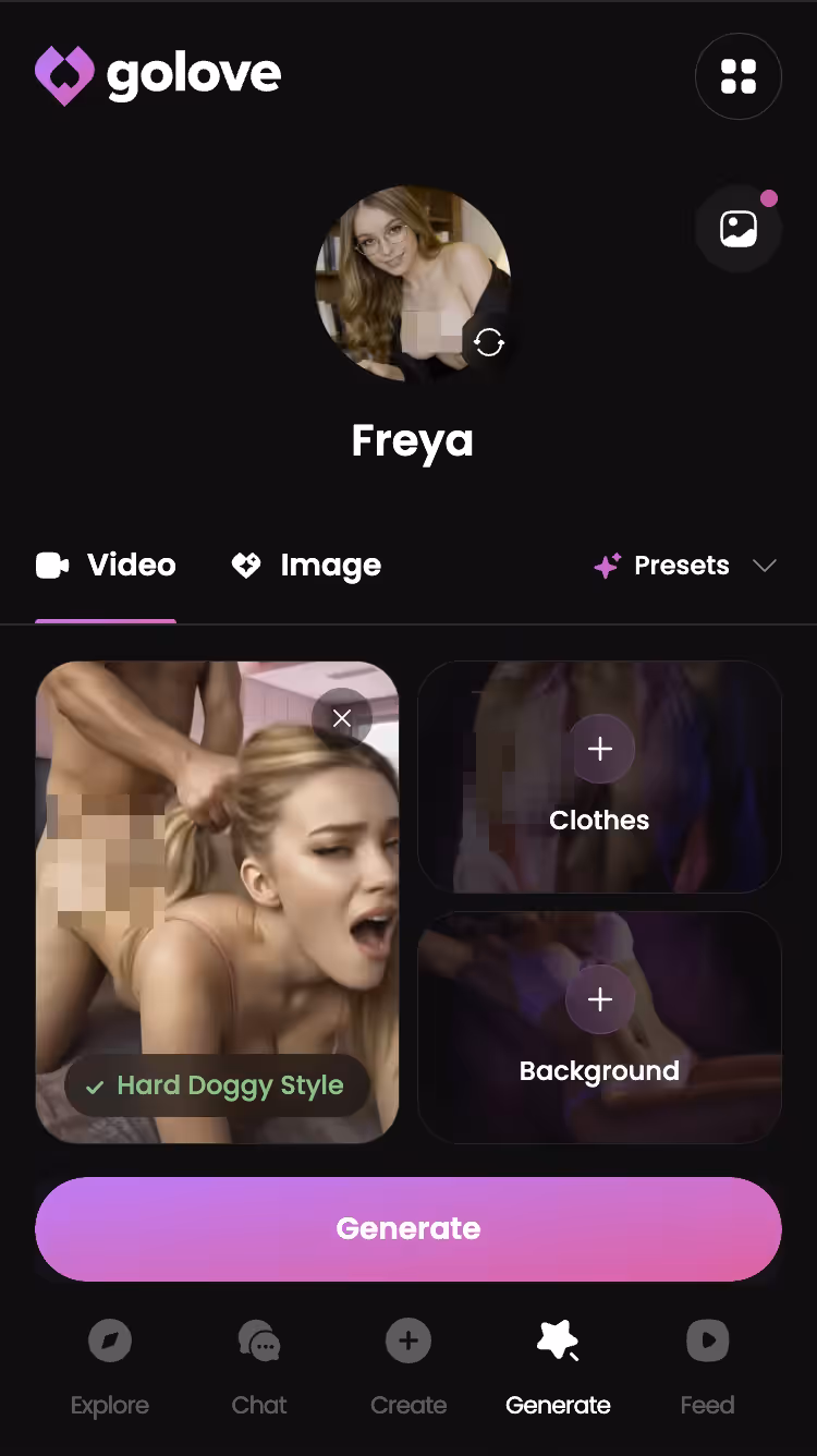 Explicit action preset selected in the GoLove.ai video generator — ai companion apps with custom avatars